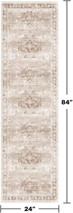 Hazo Haus Boho 2x7 Long Runner, Neutral Farmhouse Hallway Rug, Small Throw Runners for Bedroom, Bathroom, Kitchen, Vintage Floral Decor & Non-Slip Low-Pile Washable Stain Resistant, Latte Beige