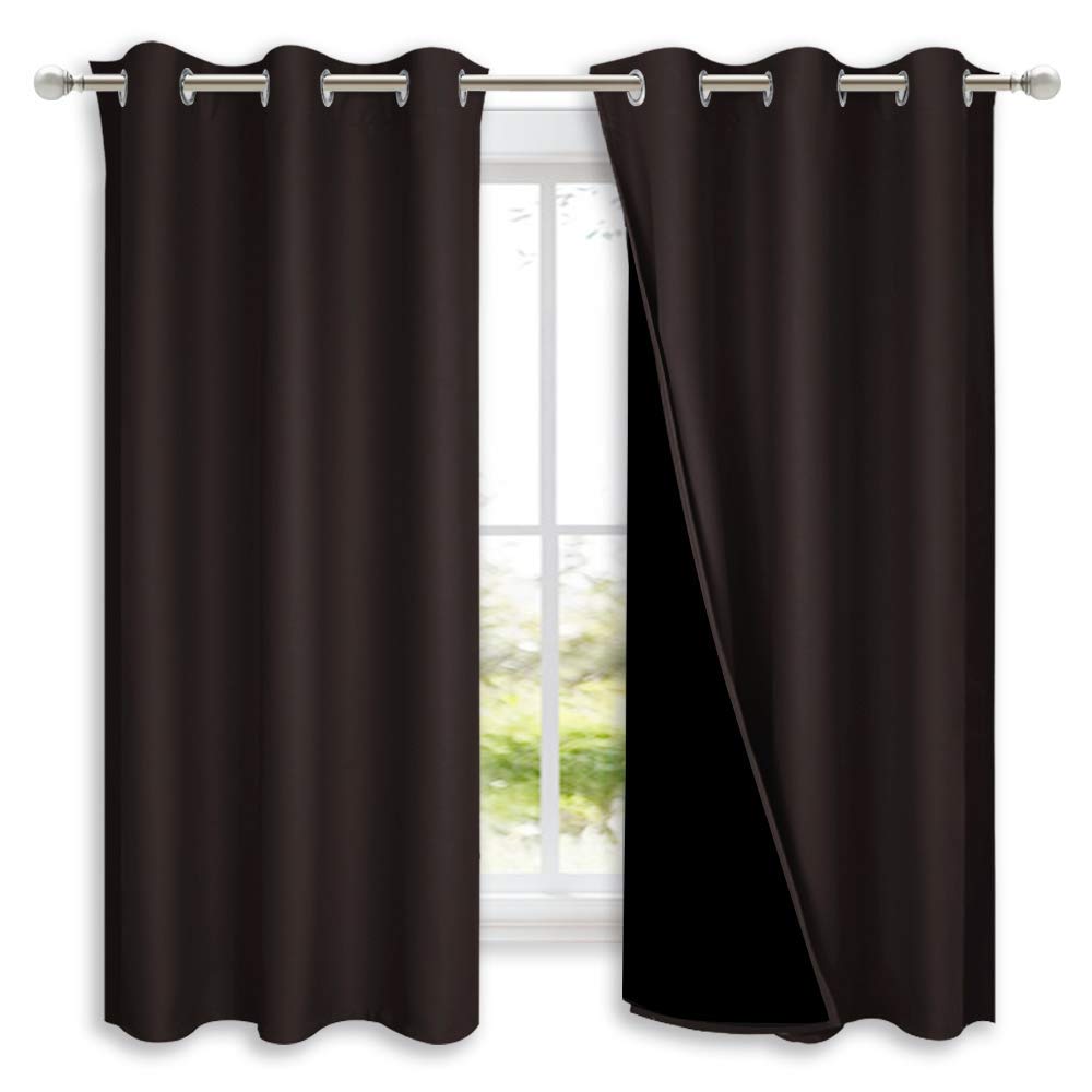 NICETOWN 100% Blackout Short Curtains with Black Liners, 2 Panels, 37" W by 63" L, Toffee Brown, Solid Thermal Insulated Full Blackout 2-Layer Lined Drapes, Energy Efficiency Window Drapes for Bedroom