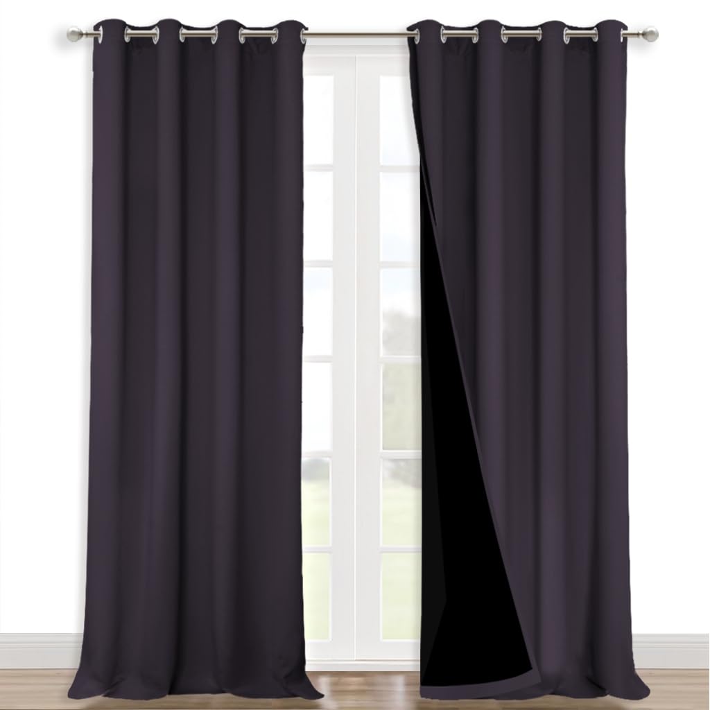 NICETOWN Full Shading Curtains for Windows, Greyish Purple, Pack of 2, 52" W x 95" L, Super Heavy-Duty Black Lined Blackout Curtains for Bedroom, Privacy Assured Window Treatment