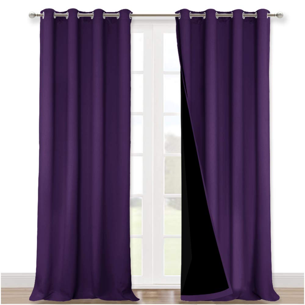 NICETOWN Cold Blocking 100% Blackout Curtains, Durable and Soft Black Lined Drapes for Living Room, Energy Saving Long Panels for Patio Sliding Glass Door, Royal Purple, 52 inches x 108 inches, 2 PCs