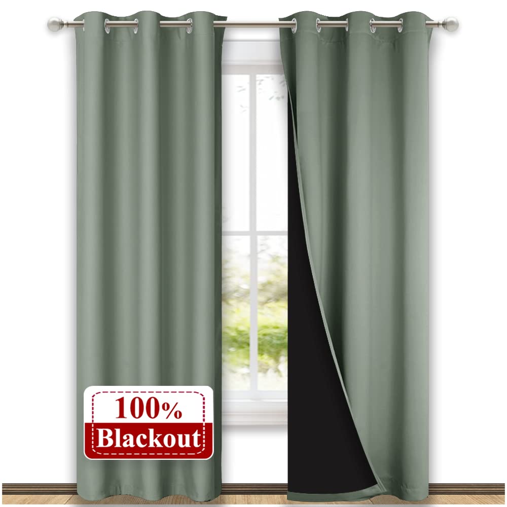 NICETOWN Greyish Green Blackout Curtains 80 inches Long, Full Light Blocking Drapes with Black Liner for Nursery, Thermal Insulated Draperies for Hall, Villa (2 Pieces, 42" Wide Each Panel)