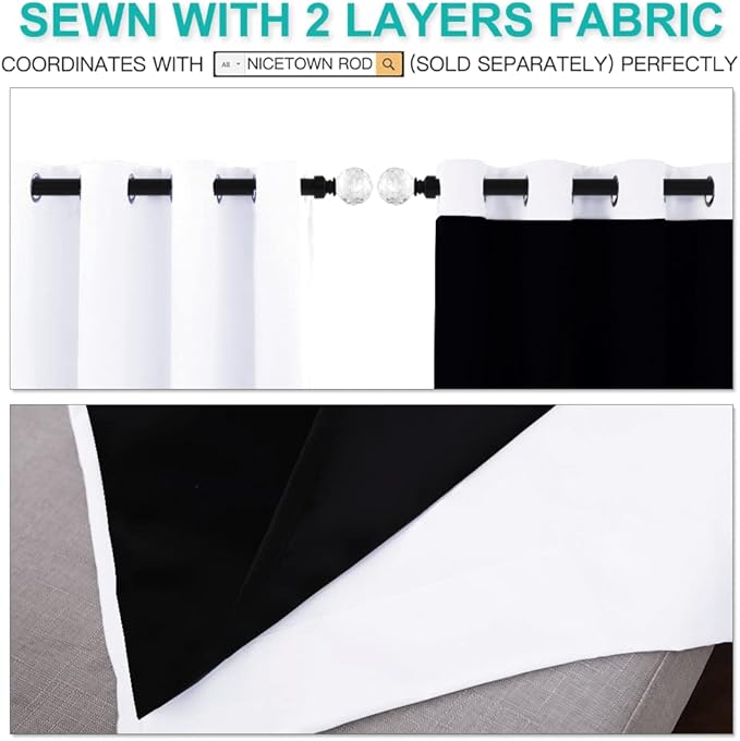 NICETOWN White 100% Blackout Lined Curtains, 2 Thick Layers Completely Blackout Window Treatment Thermal Insulated Drapes for Kitchen/Bedroom (1 Pair, 70 inches Width x 63 inches Length Each Panel)