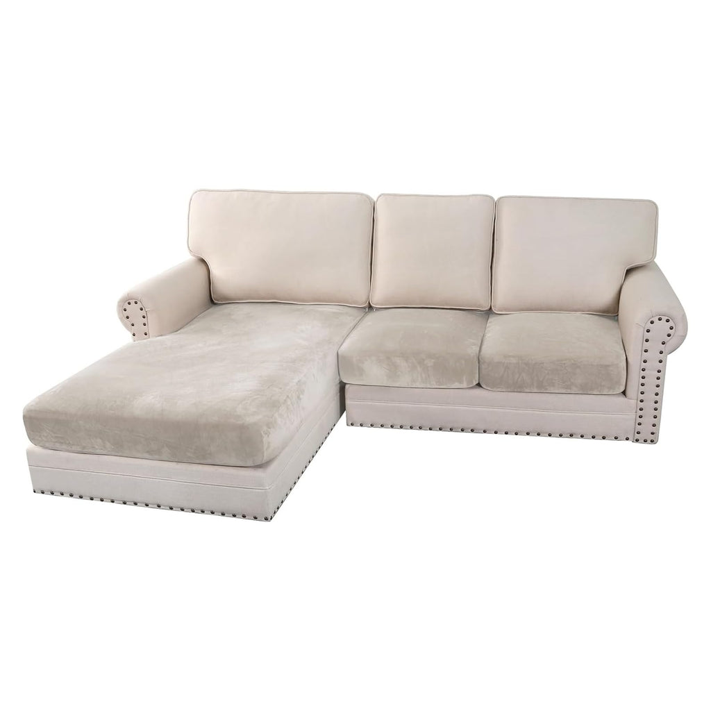 H.VERSAILTEX Velvet Stretch 3-Piece L Shape Sectional Couch Covers (Large 2 Seater + 1 Chaise, Oatmeal)
