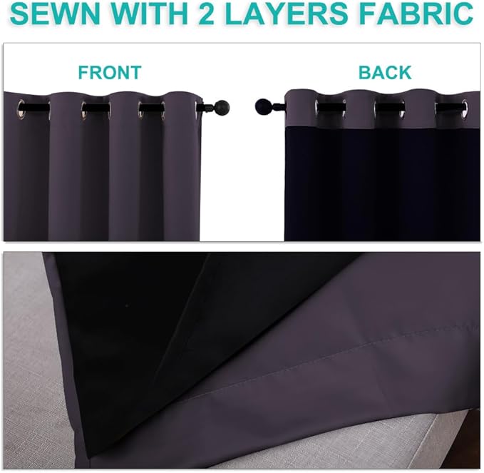 NICETOWN 100% Blackout Window Curtain Panels, Greyish Purple, 2 Pieces, 42-inch Wide Per Panel, Full Light Blocking Drapes with Black Liner for Nursery, 72-inch Drop Thermal Insulated Draperies