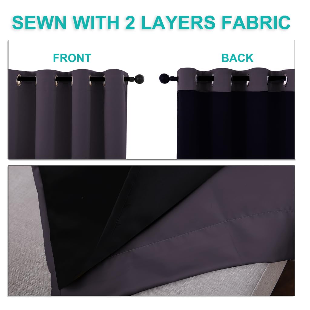 NICETOWN 100% Blackout Short Curtains with Black Liners, 2 Panels, 37" W by 50" L, Greyish Purple, Thermal Insulated Full Blackout 2-Layer Lined Drapes, Energy Efficiency Window Drapes for Bedroom