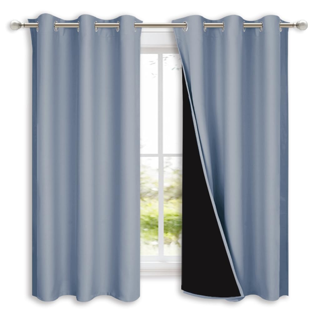 NICETOWN 100% Blackout Short Curtains with Black Liners, 2 Panels, 37" W by 50" L, Vintage Blue, Solid Thermal Insulated Full Blackout 2-Layer Lined Drapes, Energy Efficiency Window Drapes for Bedroom