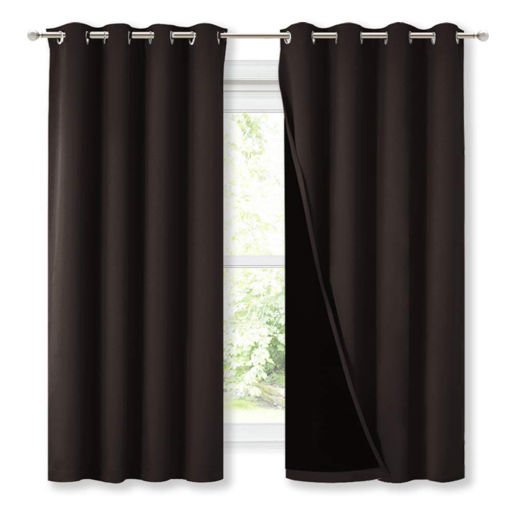 NICETOWN Complete 100% Blackout Curtains, Thermal Insulated & Energy Efficiency Window Draperies with Black Liner, Noise Reducing Short Curtains for Kids Room (Brown, 52-inch W by 63-inch L, 2 Panels)