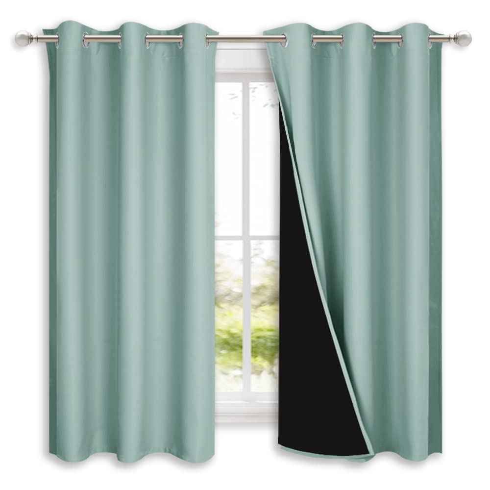 NICETOWN Aqua Blue 100% Blackout Lined Curtains, 2 Thick Layers Completely Blackout Window Treatment Panels Thermal Insulated Drapes for Kitchen (1 Pair, 42" Width x 63" Length Each Panel)