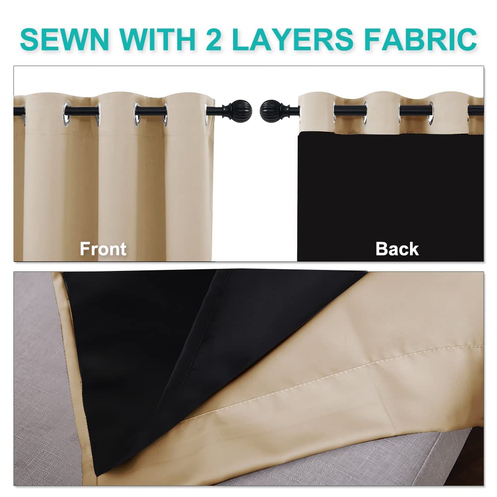 NICETOWN Bedroom Full Blackout Curtain Panels, Set of 2 Pcs, 37 by 60-inch, Biscotti Beige, Super Thick Insulated Grommet Drapes, Double-Layer Blackout Draperies with Black Liner for Small Window