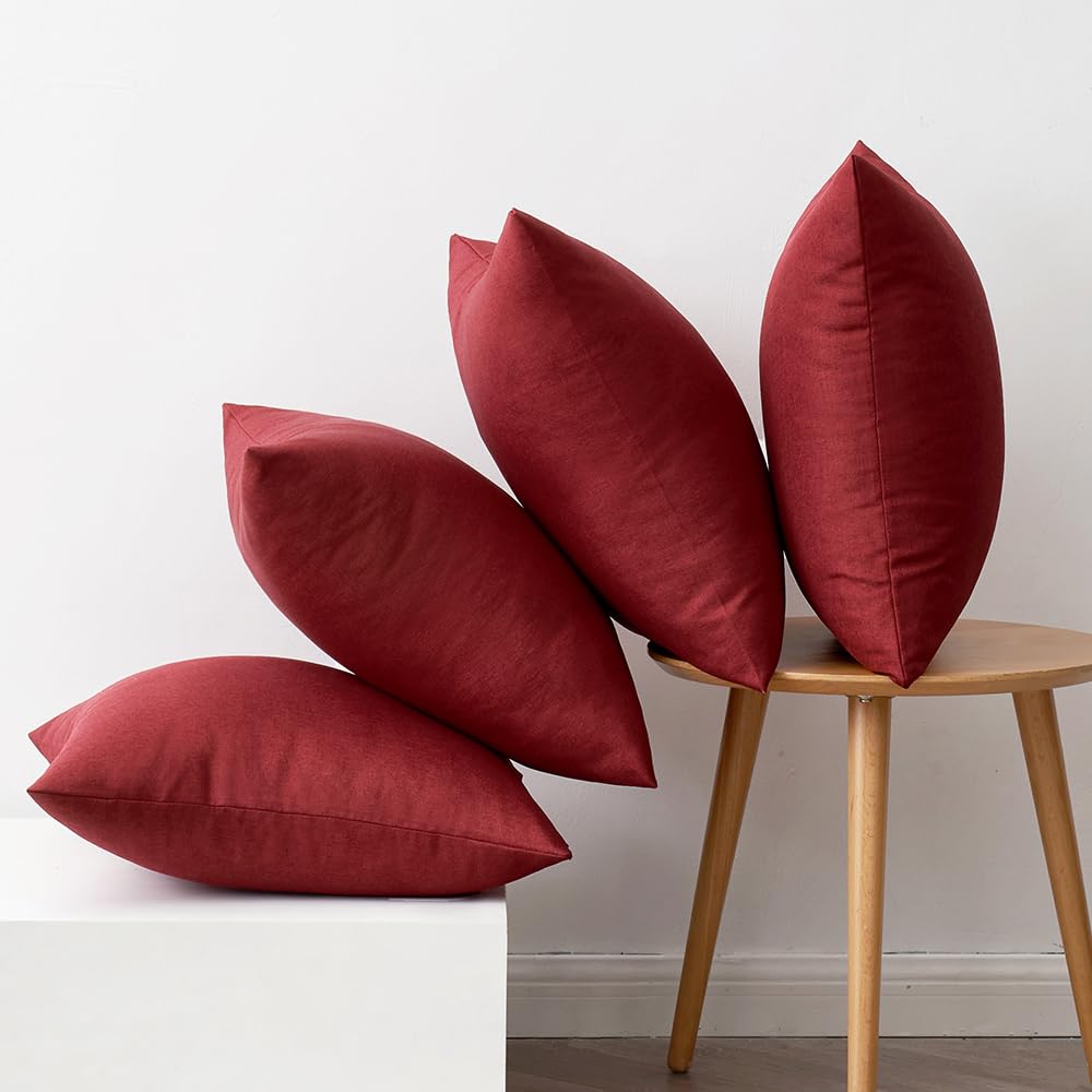MIULEE Pack of 4 Decorative Outdoor Throw Pillow Covers Linen Waterproof Pillow Covers Summer Farmhouse Cushion Cases for Patio Garden Tent Balcony Couch Sofa 18x18 Inch Burgundy