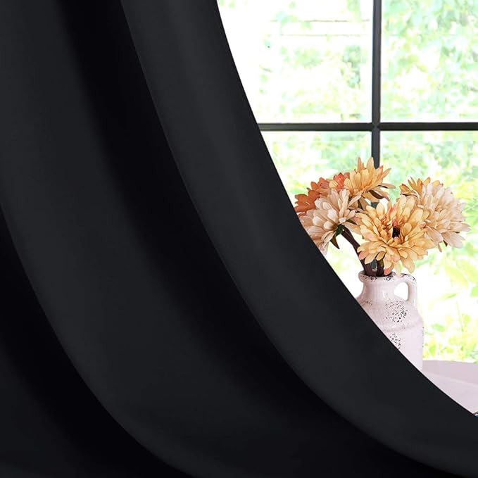 NICETOWN Blackout Curtains 45 Inches Long Kitchen Drapes, Black Solid Thermal Insulated Grommet Blackout Drapery Panels for Window (2 Panels, 42 Inch Wide by 45 Inch Long, Black)