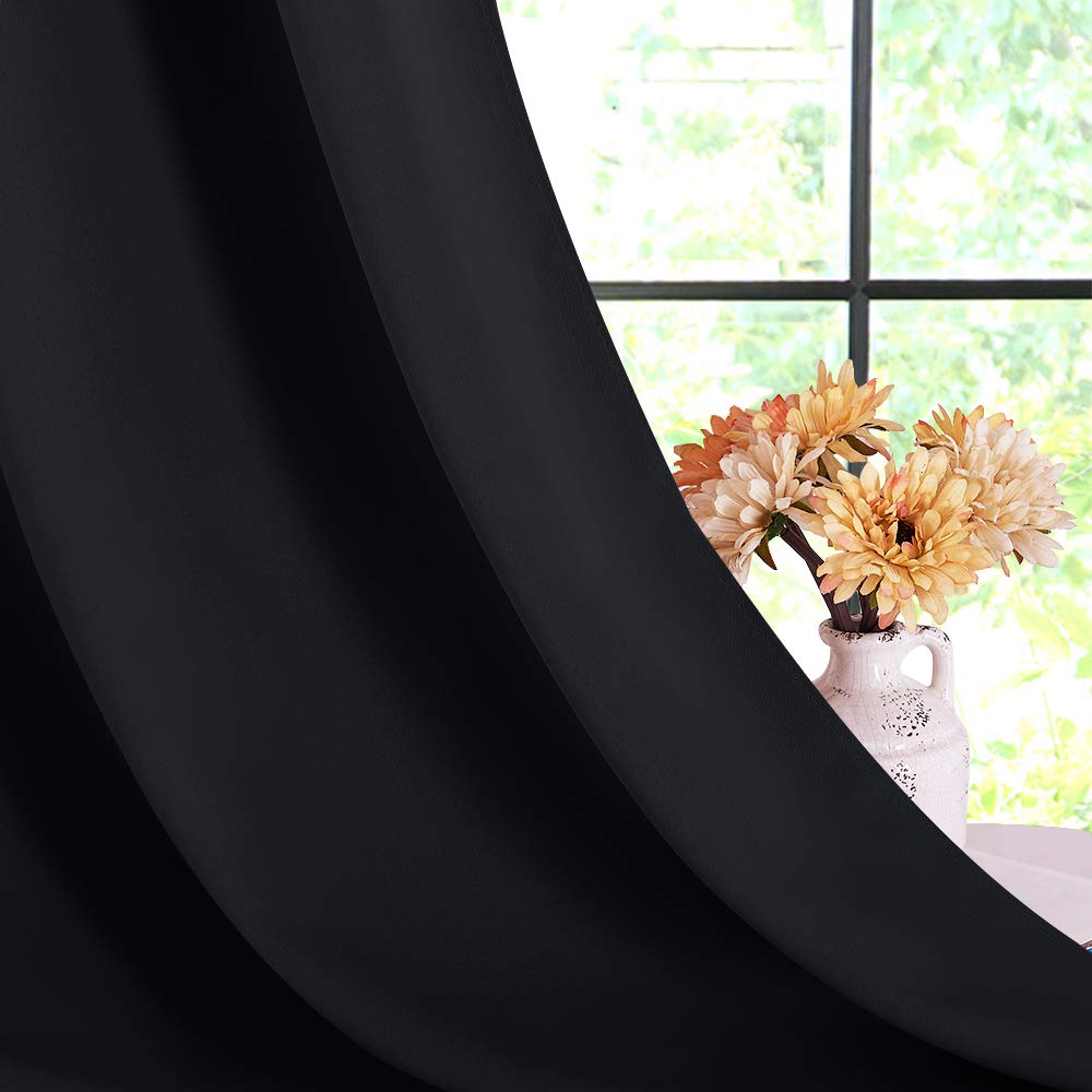 NICETOWN Blackout Curtain Panels 70 inches Length, Set of 2, 34 inches Wide, Black, Light Reducing Thermal Insulated Solid Grommet Room Darkening for Bedroom/Night Shift