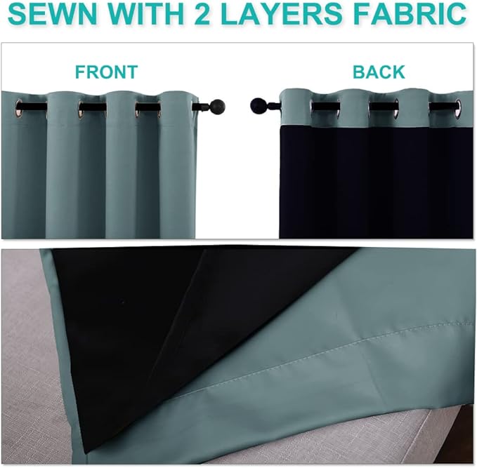 NICETOWN 100% Blackout Short Curtains with Black Liners, 2 Panels, 37" W by 40" L, Greyish Blue, Solid Thermal Insulated Full Blackout 2-Layer Lined Drapes, Energy Efficiency Window Drapes for Bedroom