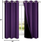 NICETOWN Room Warming 100% Blackout Curtain Panels, Black Liner Curtains for Kitchen Room, Noise Reducing and Cold Blocking Drapes for Windows (Set of 2, Royal Purple, 42-inch Wide by 63-inch Long)