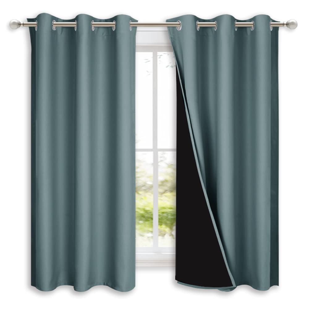 NICETOWN 100% Blackout Short Curtains with Black Liners, 2 Panels, 37" W by 50" L, Greyish Blue, Solid Thermal Insulated Full Blackout 2-Layer Lined Drapes, Energy Efficiency Window Drapes for Bedroom