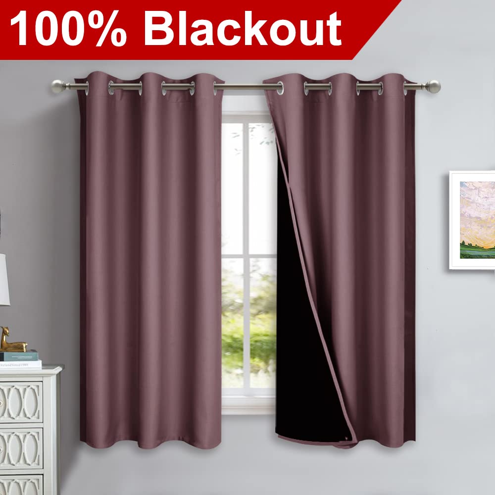 NICETOWN 100% Blackout Short Curtains with Black Liners, 2 Panels, 37" W by 40" L, Dry Rose, Solid Thermal Insulated Full Blackout 2-Layer Lined Drapes, Energy Efficiency Window Draperies for Bedroom