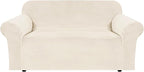 H.VERSAILTEX Stretch Velvet Loveseat Covers for 2 Cushion Couch Covers for Living Room Sofa Covers with Non Slip Straps Bottom, Ultra Thick Comfy Velour (Width 58"-72", Cream)