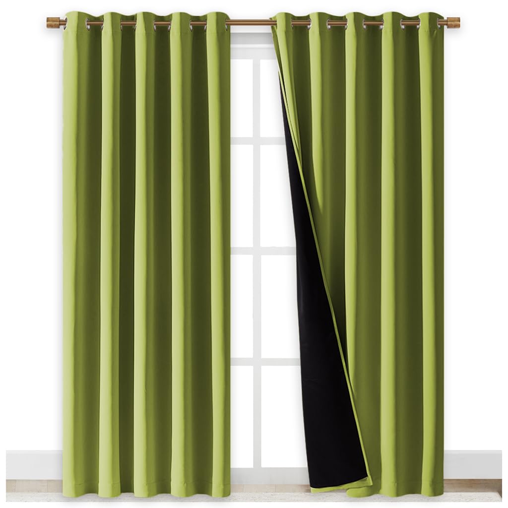 NICETOWN 100% Blackout Window Curtain Panels, Fresh Green, 2 PCs, 62" Wide Each Panel, Cold and Full Light Blocking Drapes with Black Liner for Nursery, 84 inches Drop Thermal Insulated Draperies