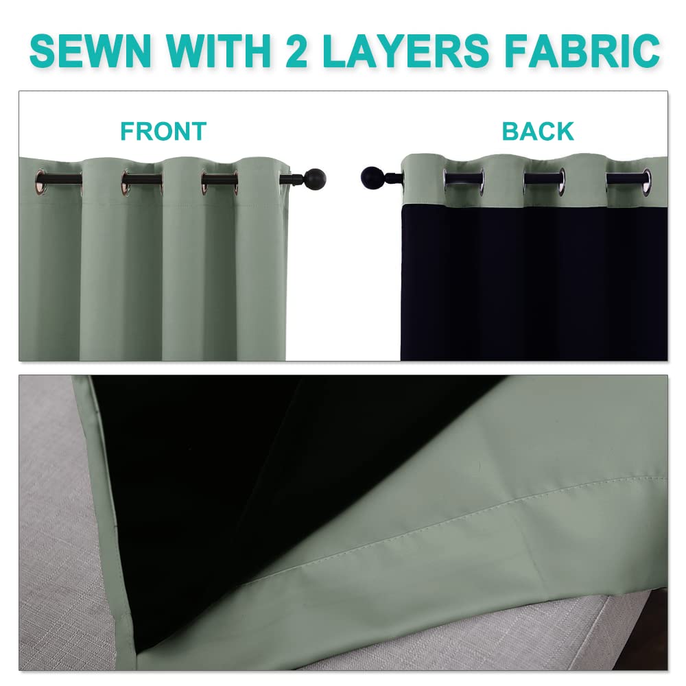NICETOWN 100% Blackout Window Curtain Panels, Heat and Full Light Blocking Drapes with Black Liner for Nursery, 60" Drop Thermal Insulated Draperies (Greyish Green, 2 Pieces, 37" Wide Each Panel)