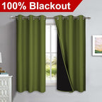 NICETOWN 100% Blackout Short Curtains with Black Liners, 2 Panels, 37" W by 60" L, Olive Green, Solid Thermal Insulated Full Blackout 2-Layer Lined Drapes, Energy Efficiency Window Drapes for Bedroom