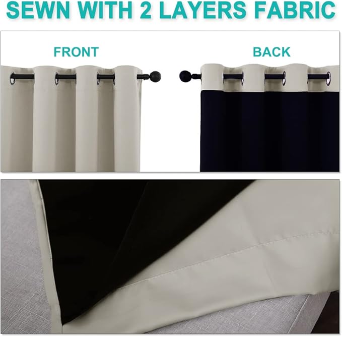 NICETOWN 100% Blackout Window Curtain Panels, Cold and Full Light Blocking Drapes with Black Liner for Nursery, 86 inches Drop Thermal Insulated Draperies (Natural, 2 Pieces, 55" Wide Each Panel)