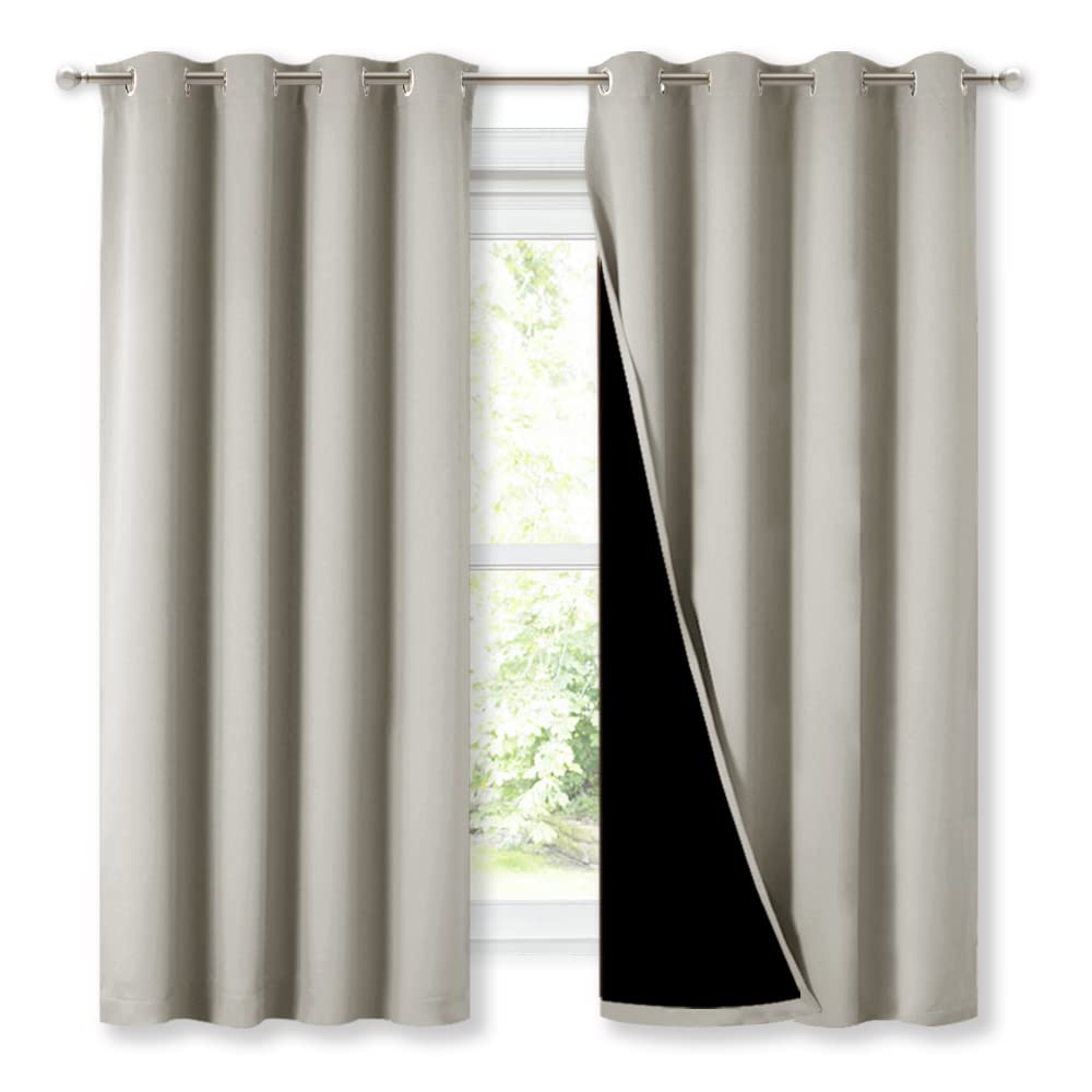 NICETOWN Extra Long Truly Blackout Drapes for Hall and Villa, 46-inch Width Each Panel, 45-inch Length, Natural, 2 Pieces, 100% Blackout Window Curtain Panels with Black Lined for Night Shift Worker