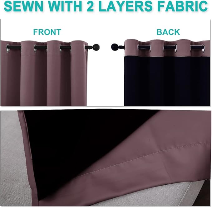 NICETOWN Dry Rose 100% Blackout Lined Curtains, 2 Thick Layers Completely Blackout Window Treatment Thermal Insulated Drapes for Kitchen/Bedroom (1 Pair, 62 inches Width x 63 inches Length Each Panel)