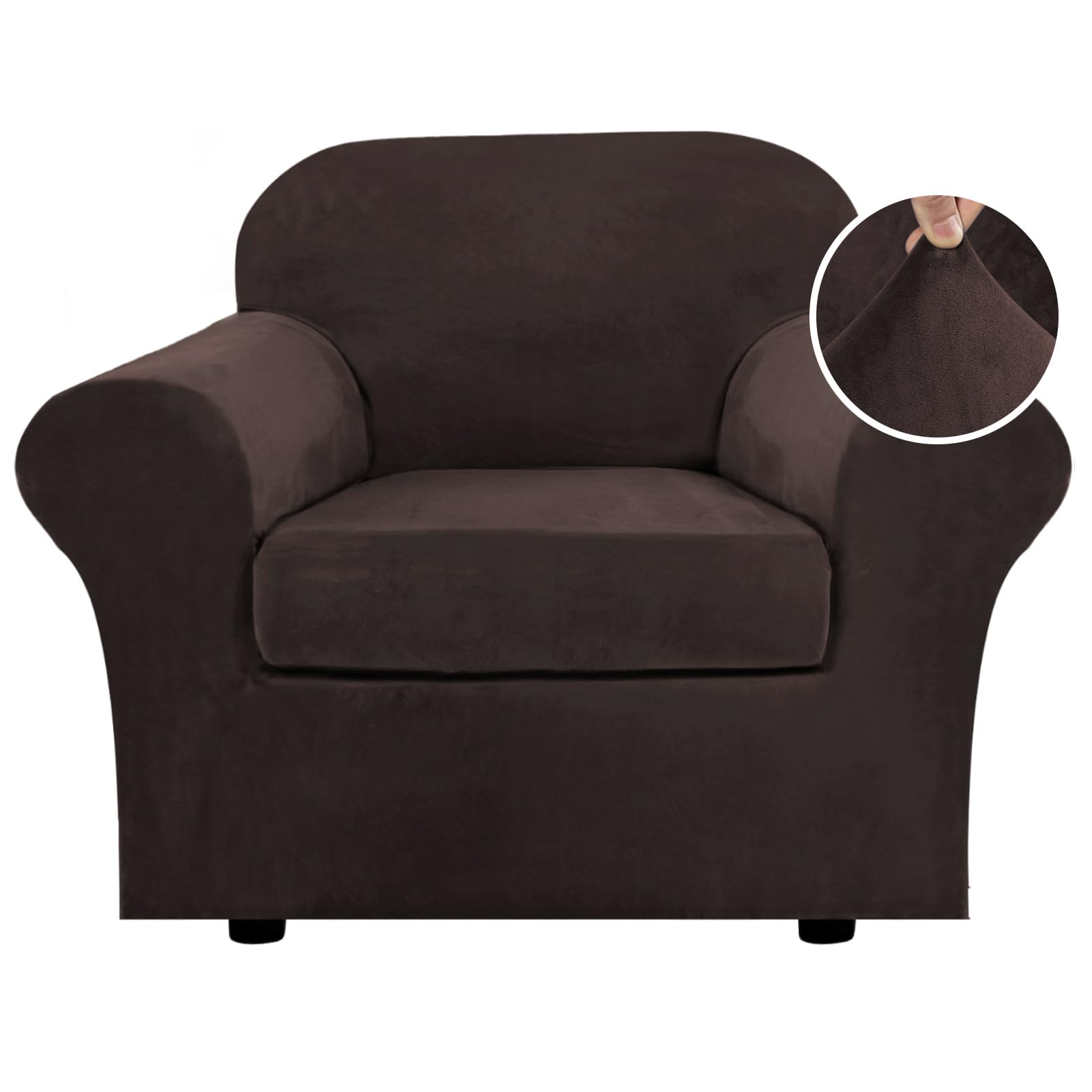 H.VERSAILTEX Rich Velvet Stretch 2 Piece Cover Chair Slipcover Sofa Cover Furniture Protector Couch Soft with Elastic Bottom Chair Couch Cover with Arms Width Up to 49 Inch(Chair,Brown)