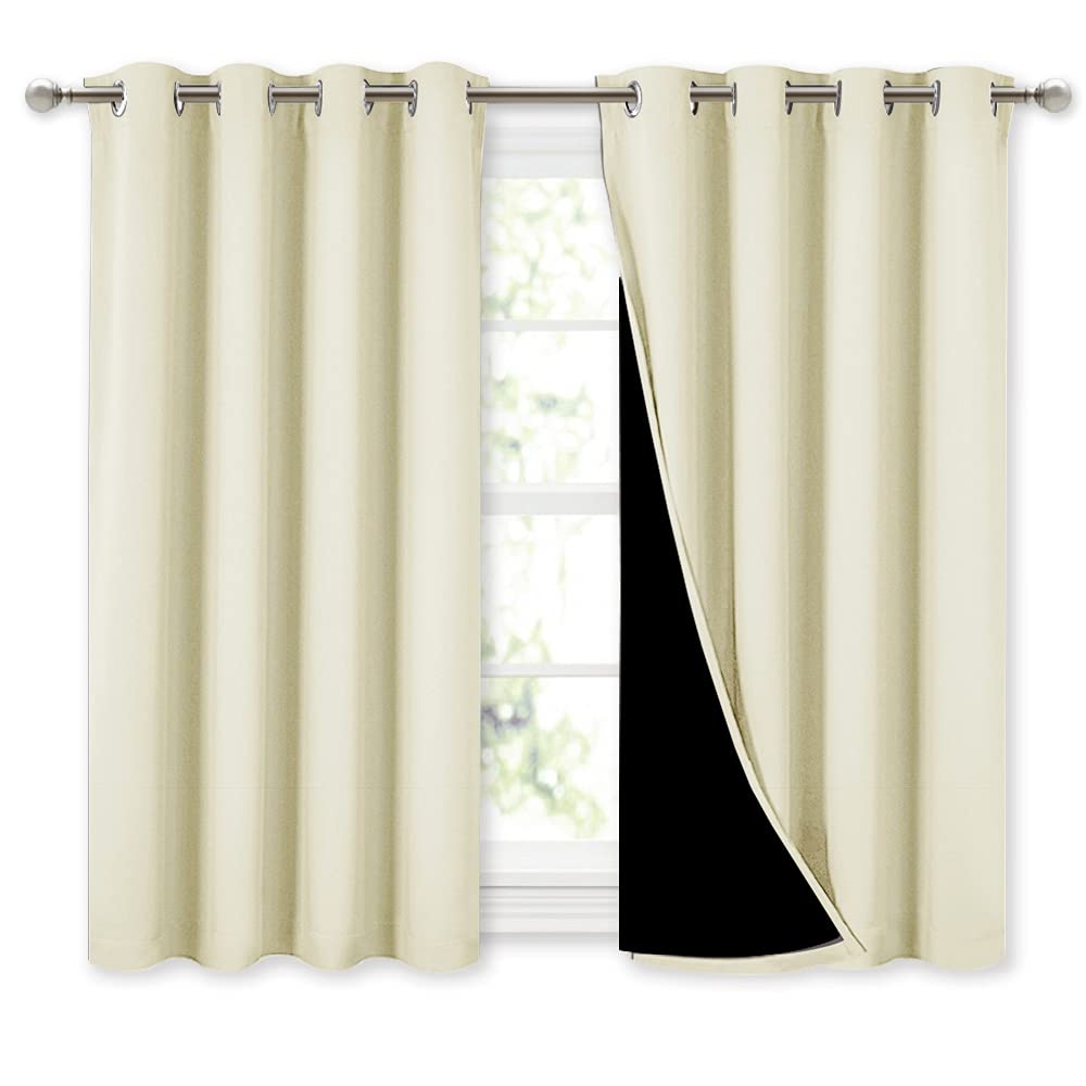 NICETOWN Room Warming Curtains, Bedroom Full Blackout Panels, Super Thick Insulated Window Covers, Complete Blackout Draperies with Black Liner for Short Window (Beige, Set of 2, 52 by 45-inch)