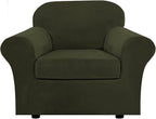 H.VERSAILTEX Rich Velvet Stretch 2 Piece Cover Chair Slipcover Sofa Cover Furniture Protector Couch Soft with Elastic Bottom Chair Couch Cover Width Up to 49 Inch (Chair, Olive)