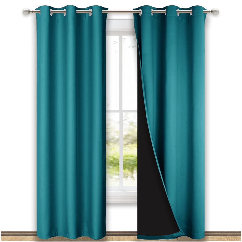 NICETOWN Peacock Teal Blackout Curtains 84 inches Long, Full Light Blocking Drapes with Black Liner for Nursery, Thermal Insulated Draperies for Hall, Villa (2 Pieces, 42" Wide Each Panel)