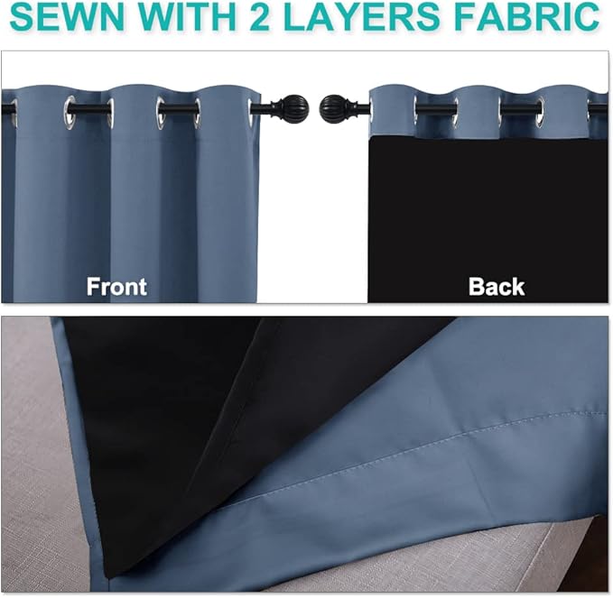 NICETOWN 100% Blackout Curtains Thermal, Stone Blue, 1 Pair, W37 x L60, Noise Reduction and Privacy Curtains for Patio Door, Black Lined Blackout Drapes with Grommet Top
