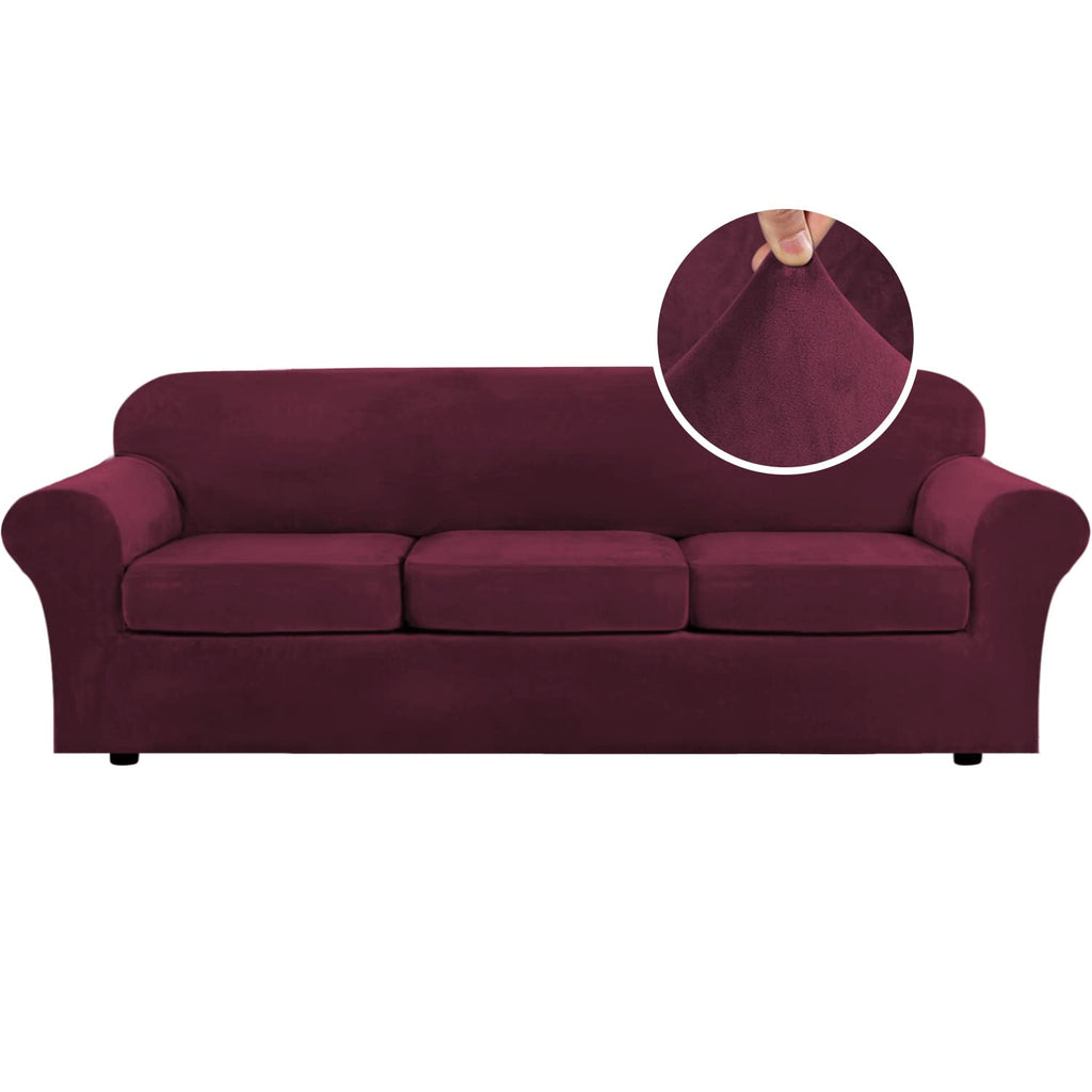 H.VERSAILTEX Velvet 4 Piece High Stretch Sofa Slipcover Cover Furniture Protector Form Fit Thick Velvet Extra Large Sofa Cover for 3 Cushion Couch Width Up to 105 Inch(XL Sofa, Wine/Burgundy)