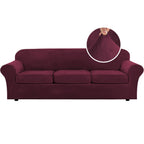 H.VERSAILTEX Velvet 4 Piece High Stretch Sofa Slipcover Cover Furniture Protector Form Fit Thick Velvet Extra Large Sofa Cover for 3 Cushion Couch Width Up to 105 Inch(XL Sofa, Wine/Burgundy)