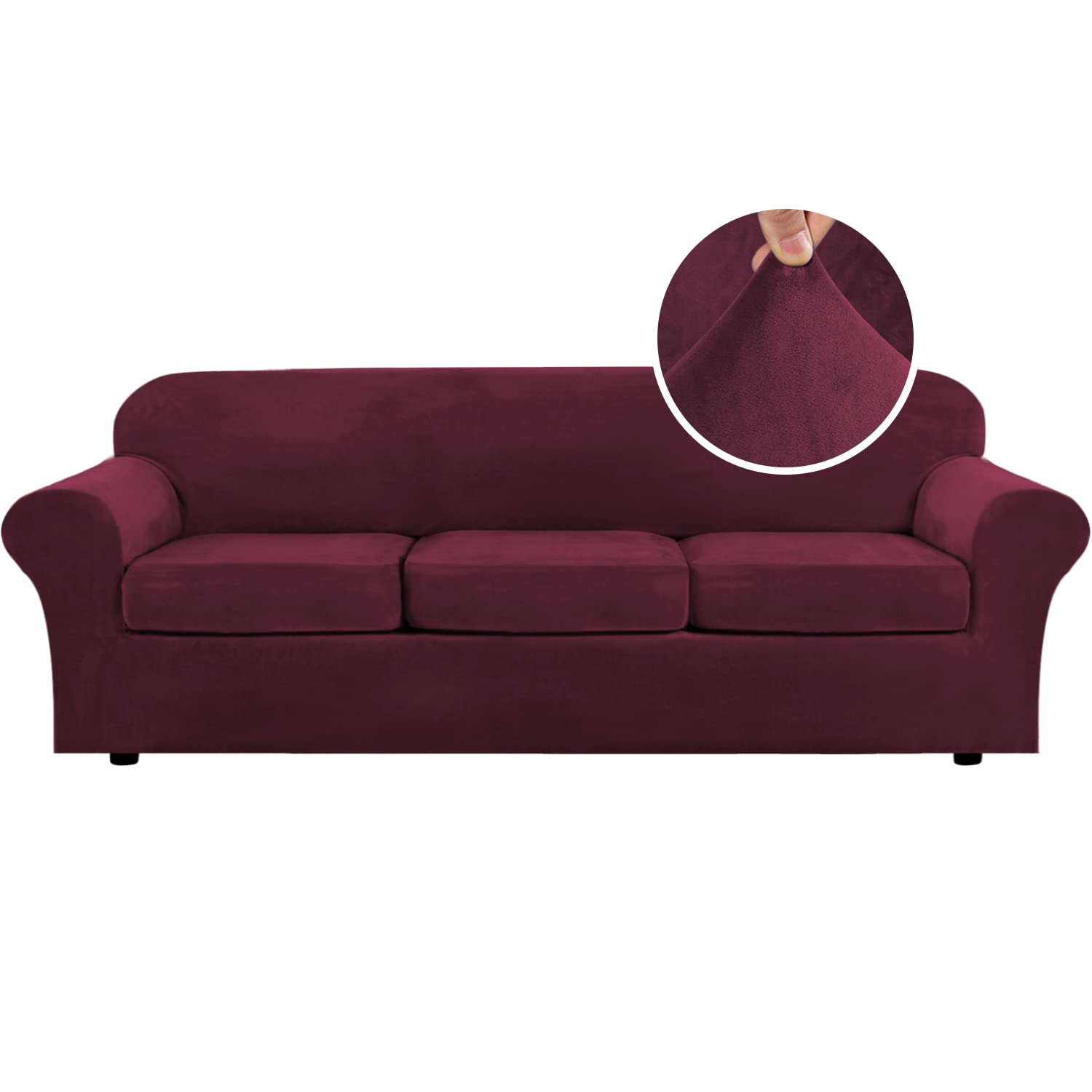 H.VERSAILTEX Velvet 4 Piece High Stretch Sofa Slipcover Cover Furniture Protector Form Fit Thick Velvet Extra Large Sofa Cover for 3 Cushion Couch Width Up to 105 Inch(XL Sofa, Wine/Burgundy)