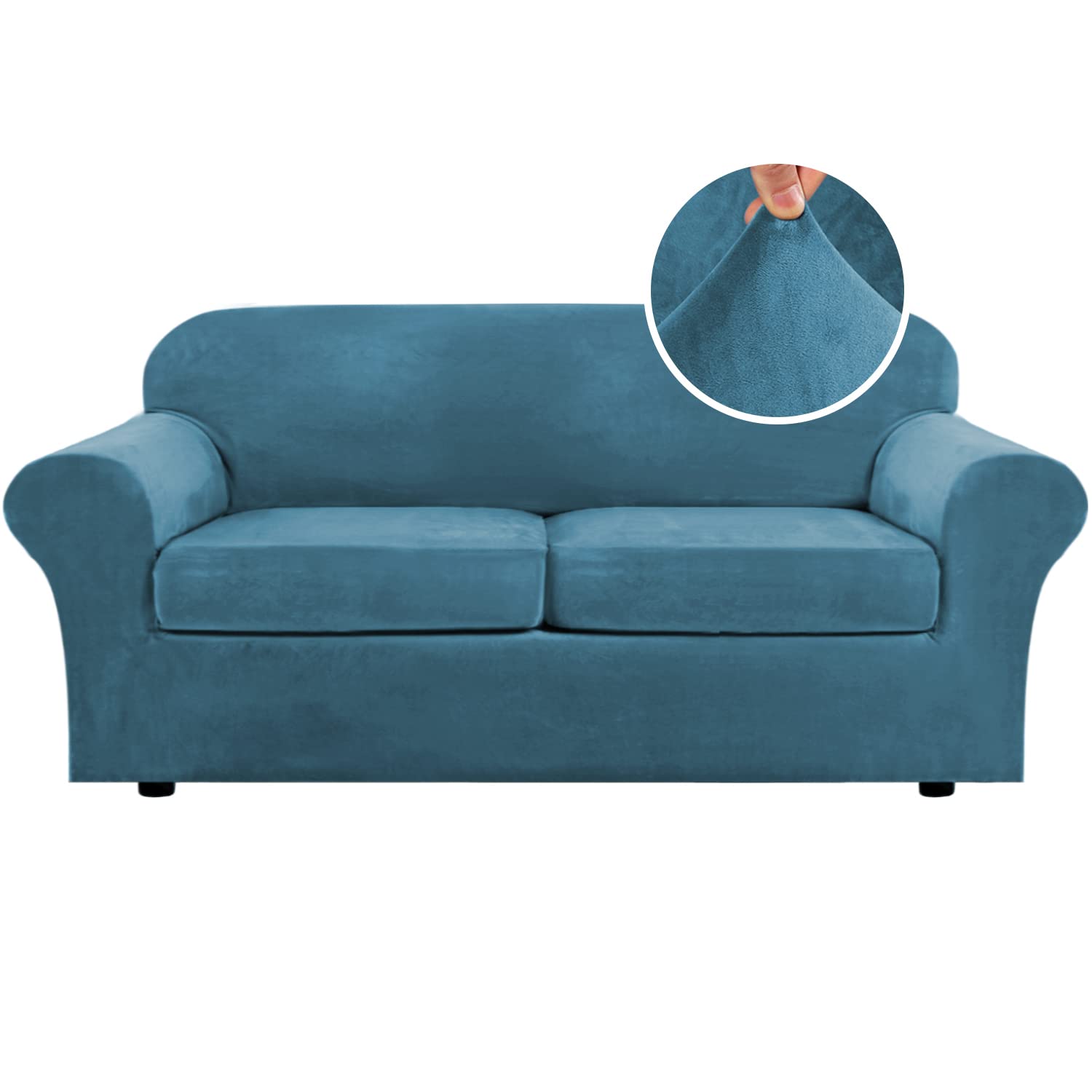 H.VERSAILTEX Real Velvet Plush 3 Piece Stretch Sofa Covers Couch Covers for 2 Cushion Couch Sofa Slipcovers Width Up to 90 Inch Feature Thick Soft Stay in Place (Large Sofa, Peacock Blue)