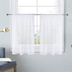 SpaceDresser White Kitchen Sheer Valance Curtains 24 Inch, Voile Sheer Cafe Curtains for Bathroom Farmhouse Country Light Filtering Short Window Curtain 1 Pair 2 Panels(White,26 W x 24 L)