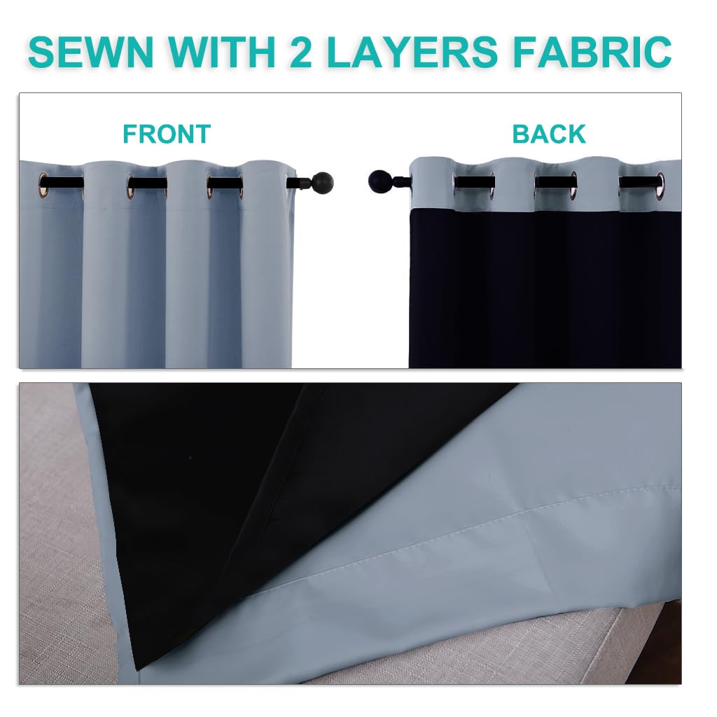 NICETOWN 100% Blackout Short Curtains with Black Liners, 2 Panels, 37" W by 50" L, Vintage Blue, Solid Thermal Insulated Full Blackout 2-Layer Lined Drapes, Energy Efficiency Window Drapes for Bedroom