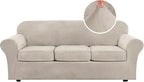 H.VERSAILTEX Modern Velvet Plush 4 Piece High Stretch Sofa Slipcover Sofa Cover Furniture Protector Form Fit Thick Velvet Sofa Cover for 3 Cushion Couch Width Up to 90 Inch (Sofa, French Oak)