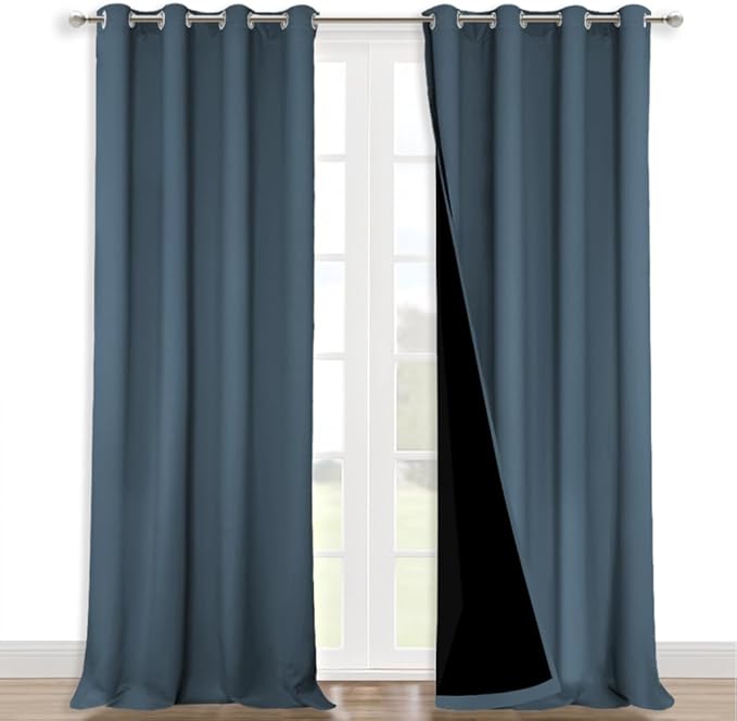 NICETOWN 100% Blackout Blinds, Set of 2, 46" x 102", Smoky Blue, Laundry Room Decor Window Treatment Curtains for Large Patio Sliding Door, Thermal Insulated Curtains for Bedroom