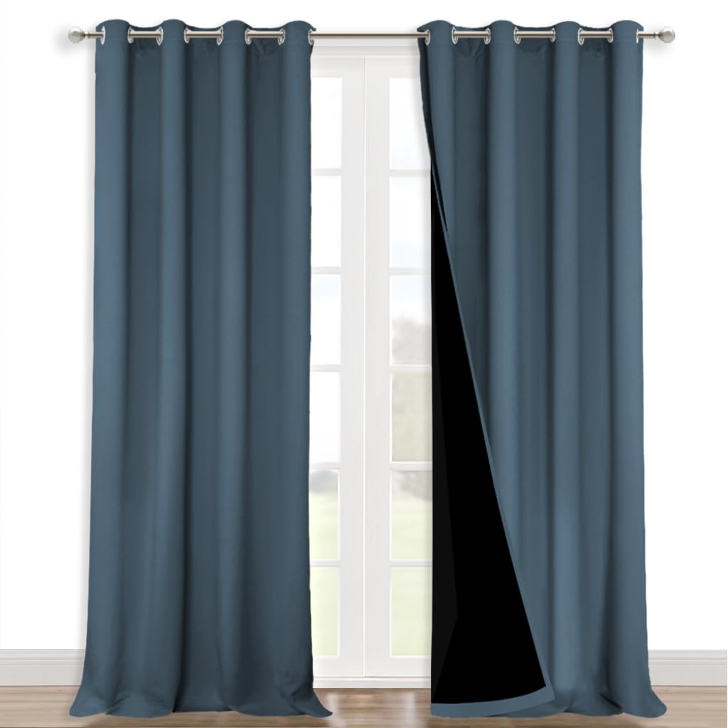 NICETOWN Full Shading Curtains for Windows, Smoky Blue, Pack of 2, 52 inches W x 95 inches L, Super Heavy-Duty Black Lined Blackout Curtains for Bedroom, Privacy Assured Window Treatment