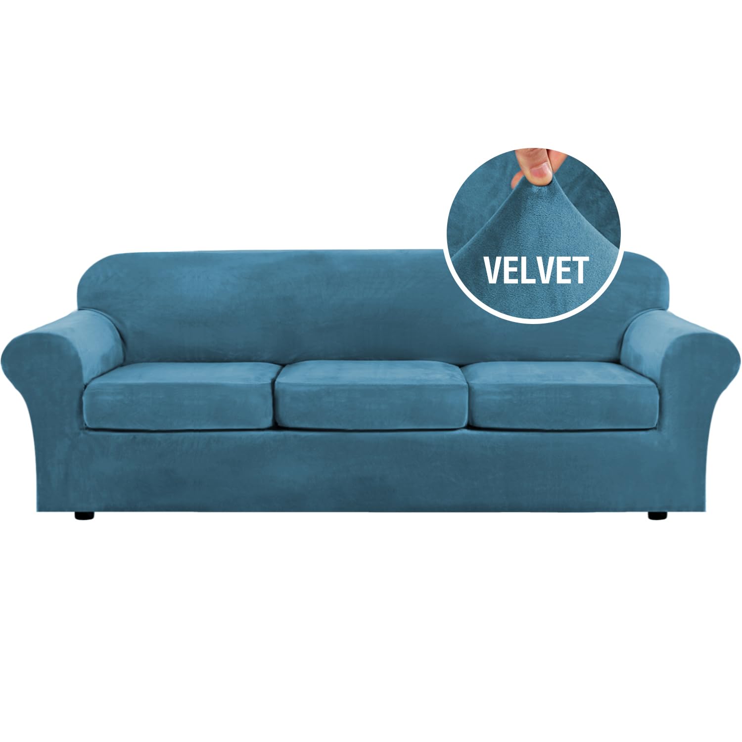 H.VERSAILTEX Velvet 4 Piece High Stretch Sofa Slipcover Cover Furniture Protector Form Fit Thick Velvet Extra Large Sofa Cover for 3 Cushion Couch Width Up to 105 Inch (XL Sofa, Peacock Blue)
