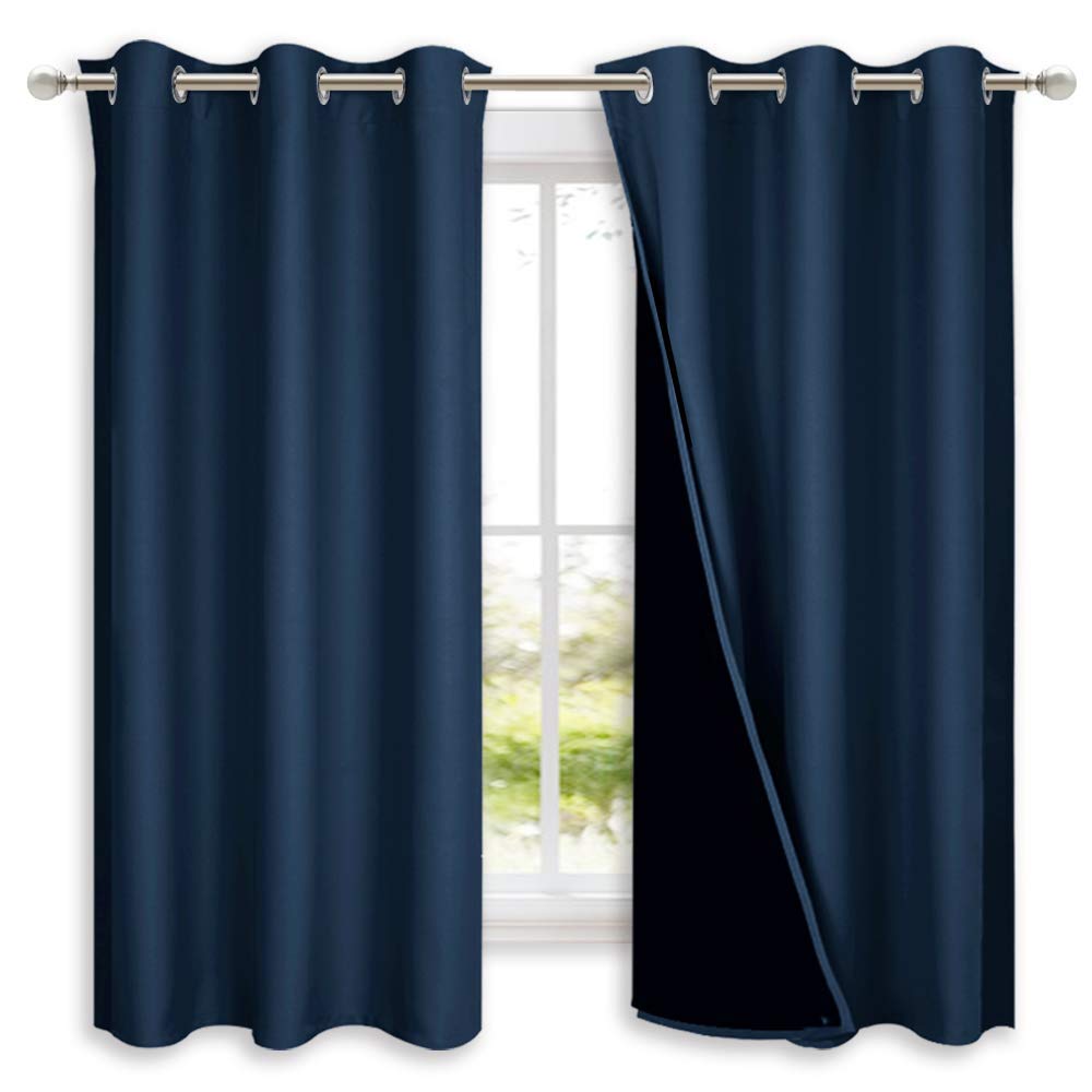 NICETOWN 100% Blackout Short Curtain Panels, Thermal Insulated Black Liner Curtains for Nursery Room, Noise Reducing and Cold Blocking Drapes for Windows (Set of 2, Navy Blue, 37" Wide by 63" Long)