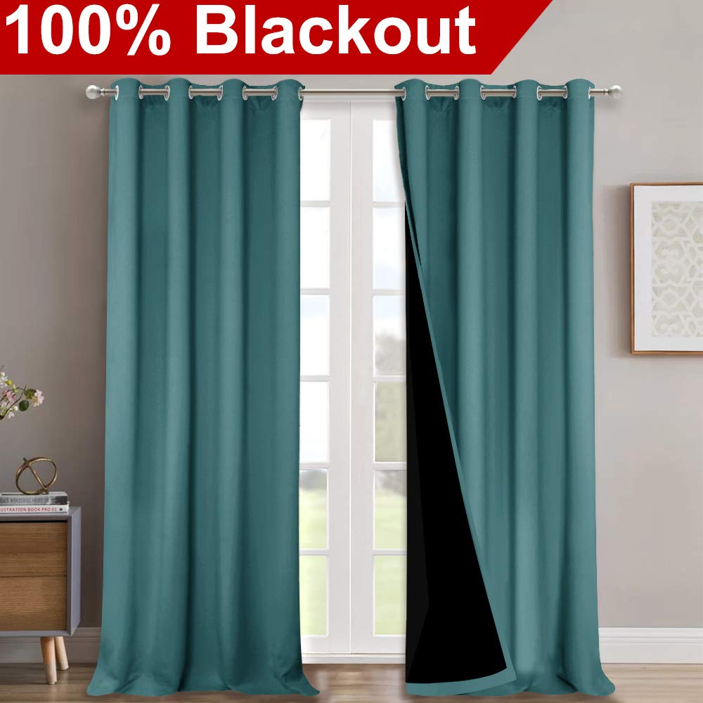 NICETOWN 100% Blackout Blinds, Laundry Room Decor Window Treatment Curtains, Thermal Insulated Energy Smart Drapes and Draperies for Villa, Hall and Studio, Sea Teal, Set of 2, 52 inches x 95 inches