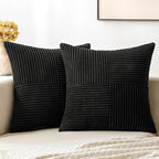 MIULEE Black Decorative Euro Sham Pillow Covers 24x24 Inch for Bed Couch Sofa Pack of 2 Boho Farmhouse Throw Pillows Soft Cross Corduroy Patchwork Textured Cushion Cases