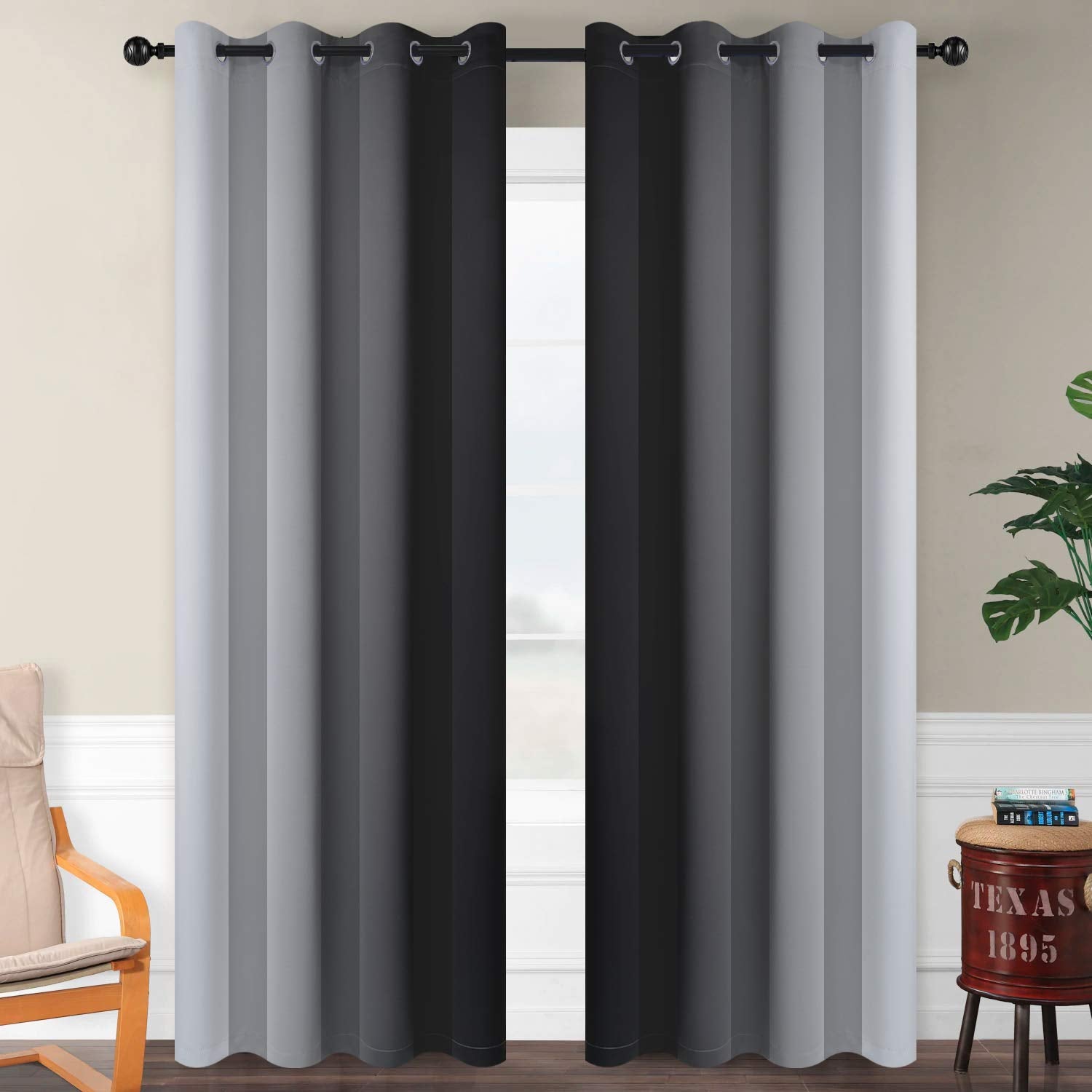 SimpleHome Ombre Black to Grey White Curtains for Living Room 52Wx96L