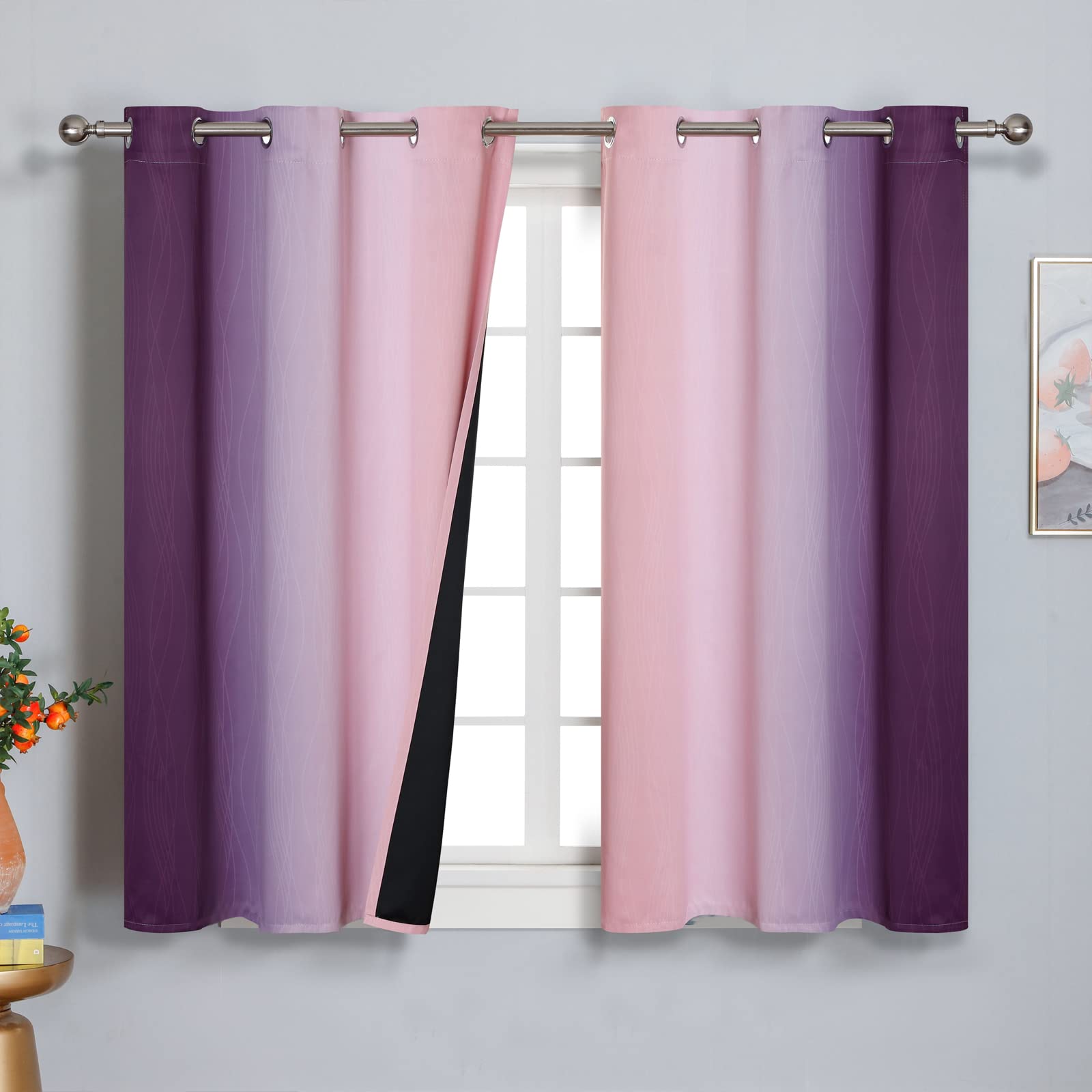 Pink and Purple Ombre Blackout Curtains for Girls Bedroom 54 Inches Long