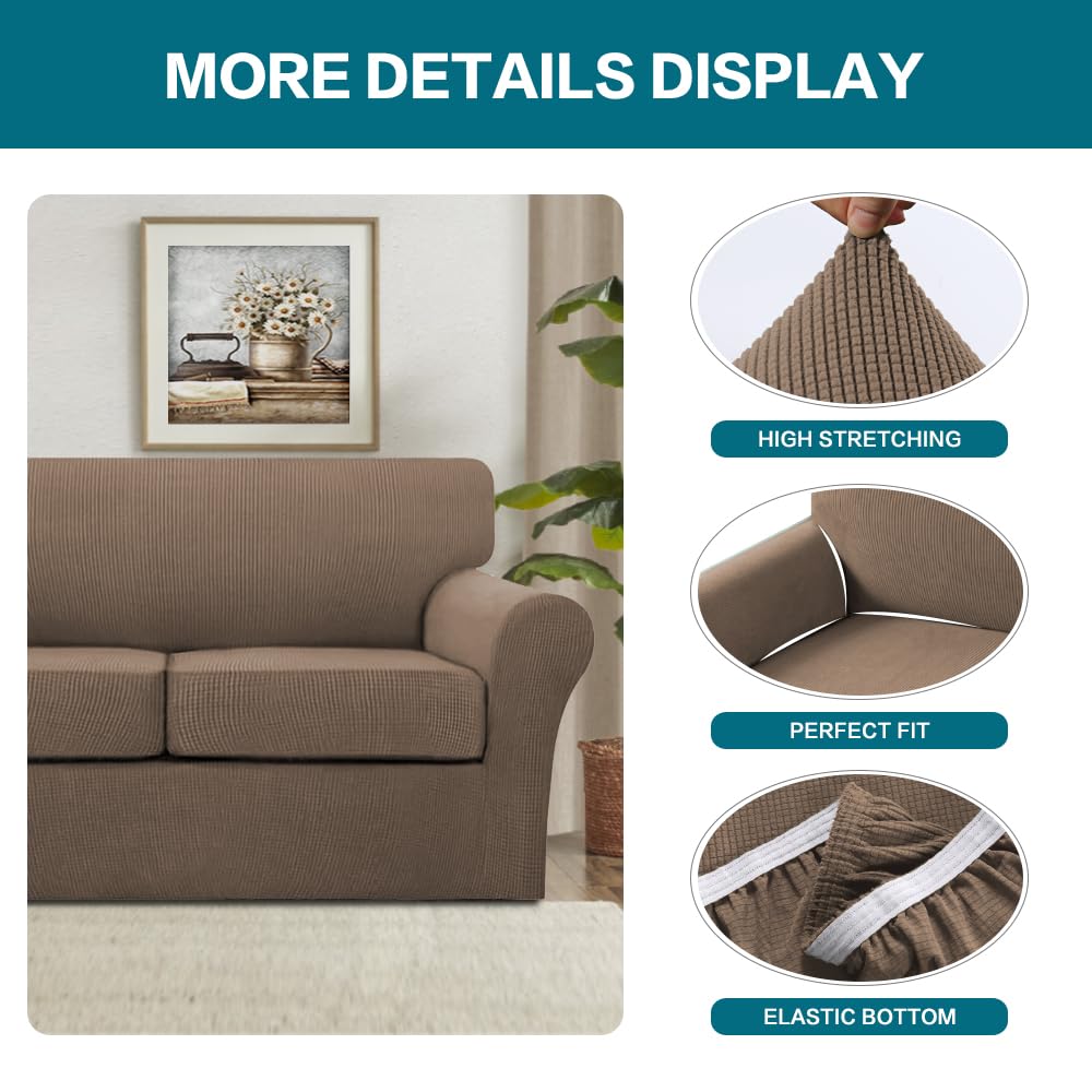 Turquoize 3 Piece Sofa Covers for 2 Cushion Couch Sofa Slipcover Soft Couch Cover for Dogs-Washable Sofa Furniture Cover with 2 Individual Cushion Covers, Feature Fabric (2 Cushion Sofa, Macchiato)
