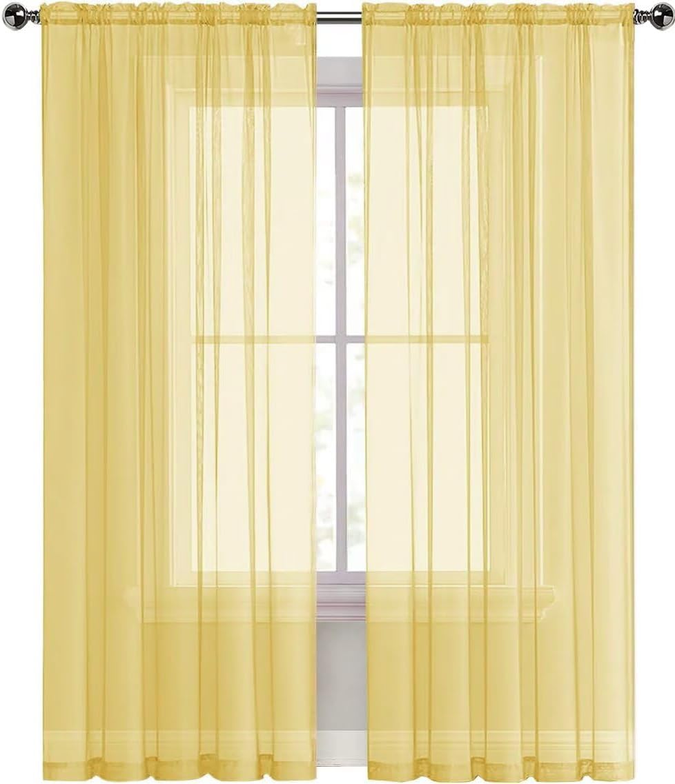 SpaceDresser Sheer Voile Window Treatment Rod Pocket Curtain Panels for Kitchen Bedroom Living Room Drapes Sunlight Filtering Privacy Semi Home Decor Assorted Colors Sizes (Yellow, 52 W x 72 L)