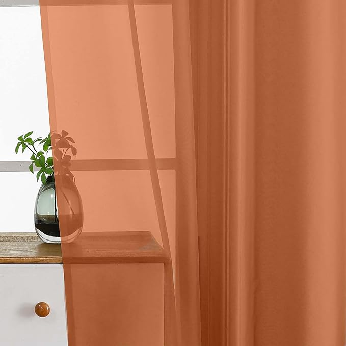 Orange Small Sheer Curtains 2 Panels Set, Kitchen Curtains 36 Inch Length, Elegant Light Filtering Short Window Drapes for Living Room Bedroom, Dual Rod Pocket Design, 2x42Wx36L Inches